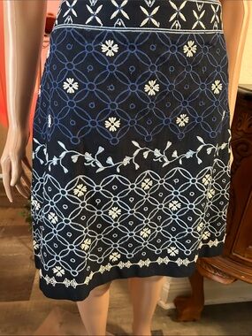 LOFT Navy Skirt with Light Blue & White Embroidery